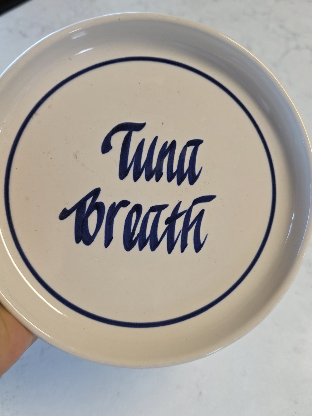 Vintage Clay Design "Tuna Breath" Ceramic Cat Food Dish Plate Cobalt Blue